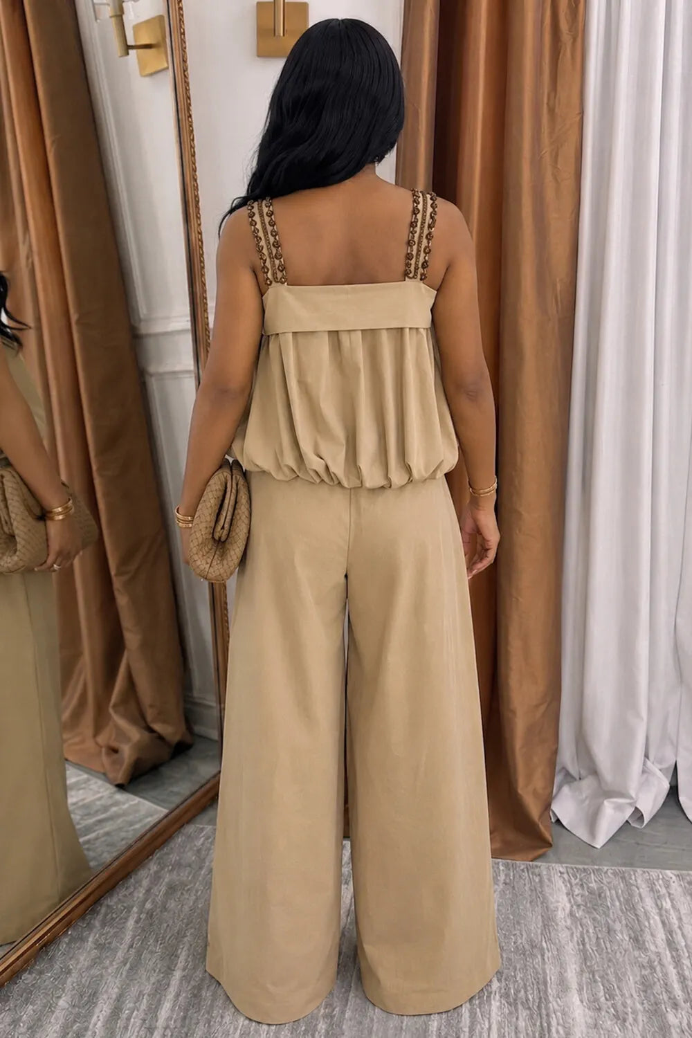 Frilled Trim Strap Top Wide Leg Pants Loose Fit 2pcs Set-Khaki