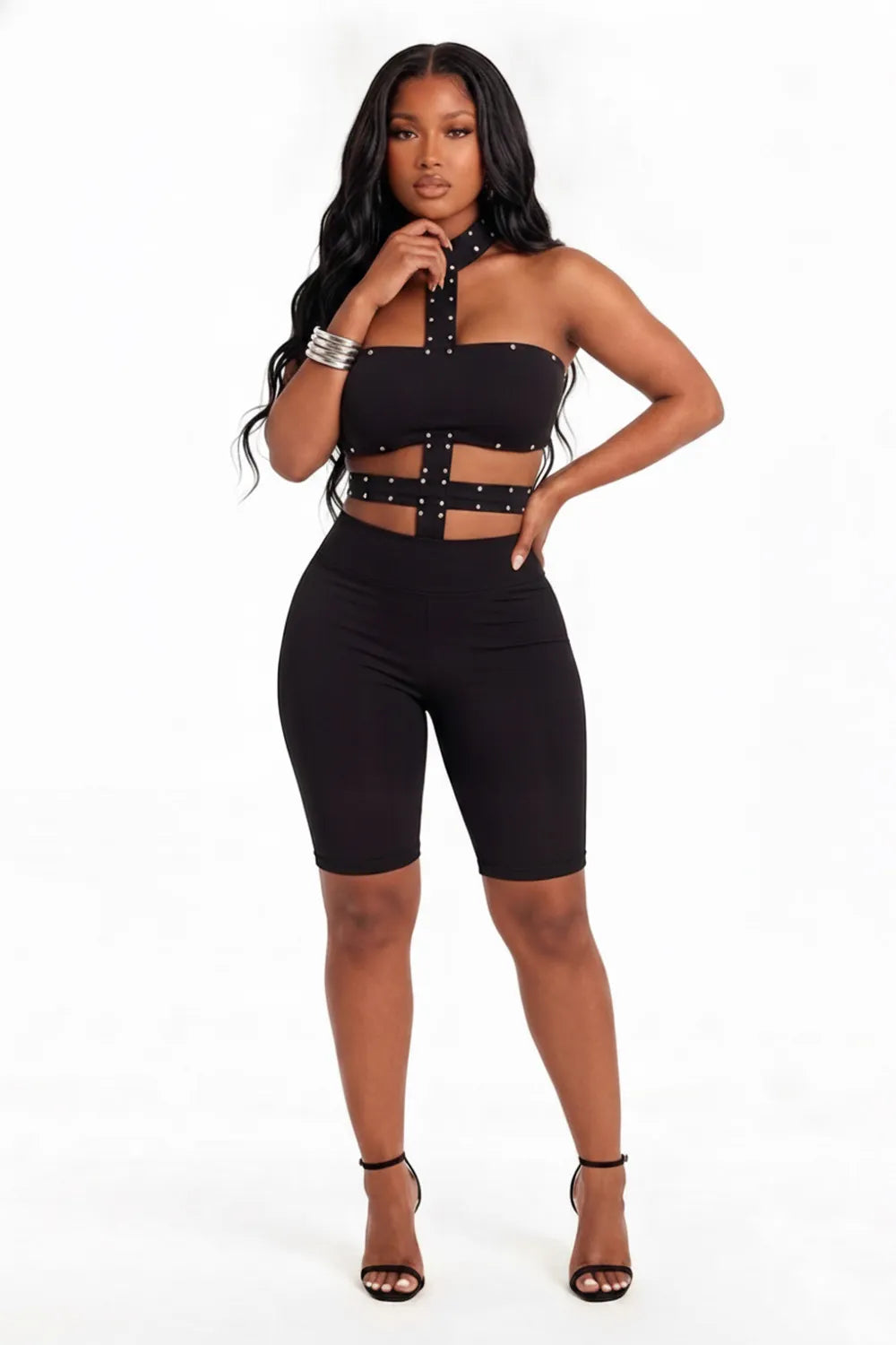 Halter Neck Pearl Decor Sleeveless Solid Color Cut Out Capris Jumpsuit-Black