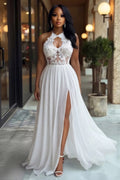 Halter Neck Cut Out Lace Patchwork Chiffon Maxi Dresses-White