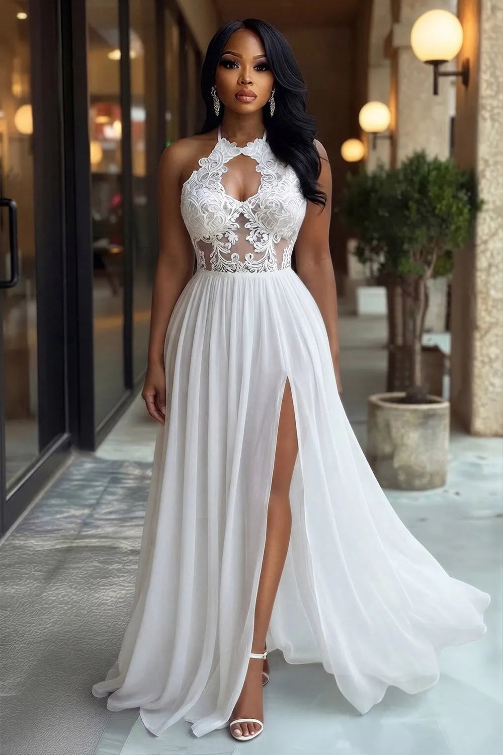 Halter Neck Cut Out Lace Patchwork Chiffon Maxi Dresses-White