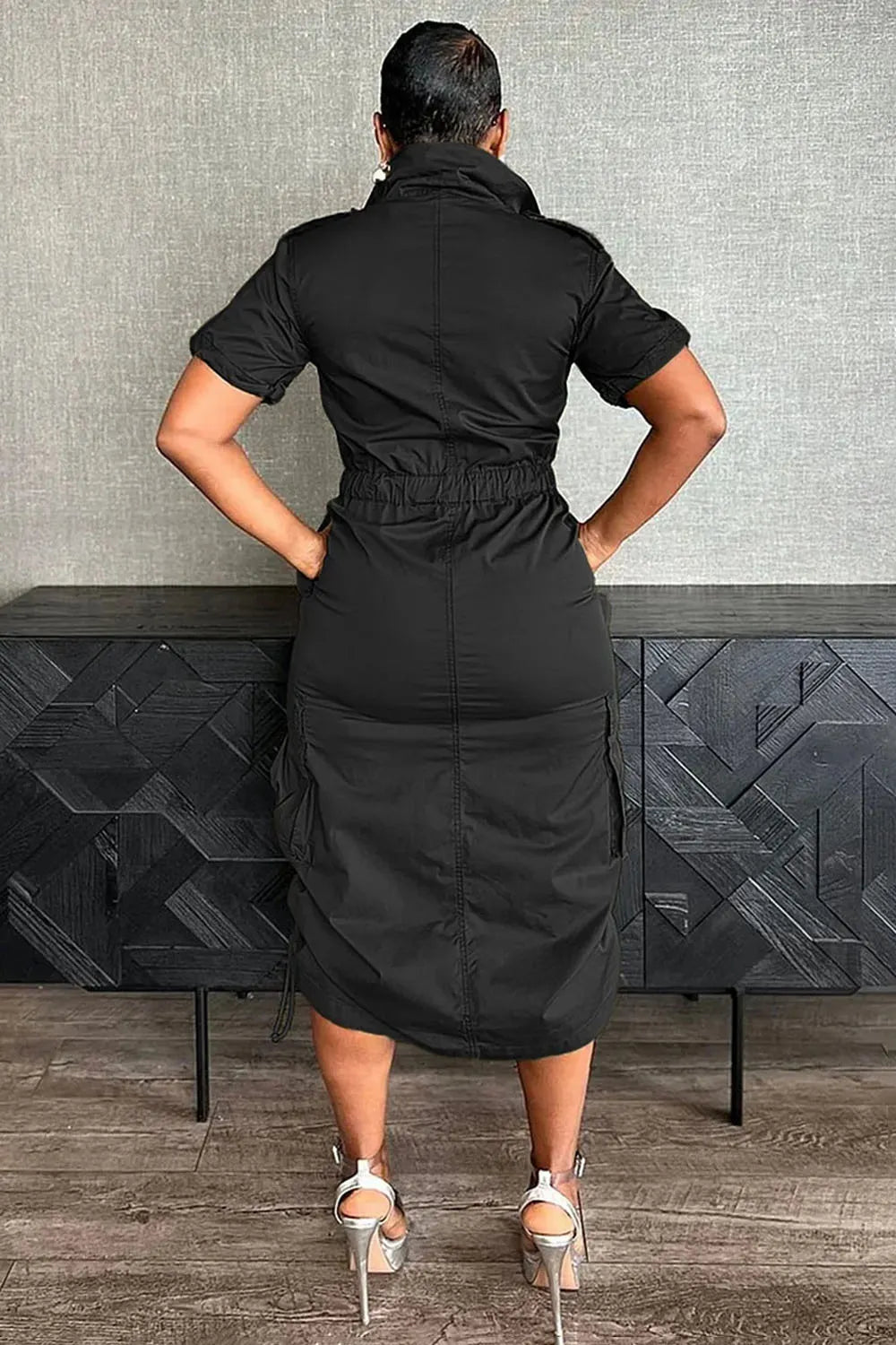 Stand Collar Zipper Drawstring Waist Pocket Midi Dresses-Green