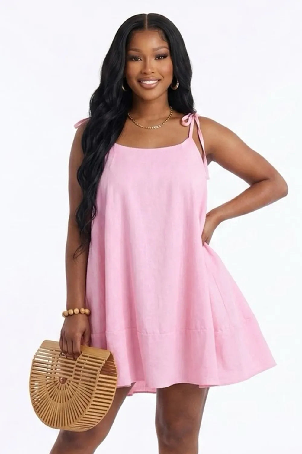 Spaghetti Strap Square Neck Solid Color A-Line Vacation Mini Dresses-Pink