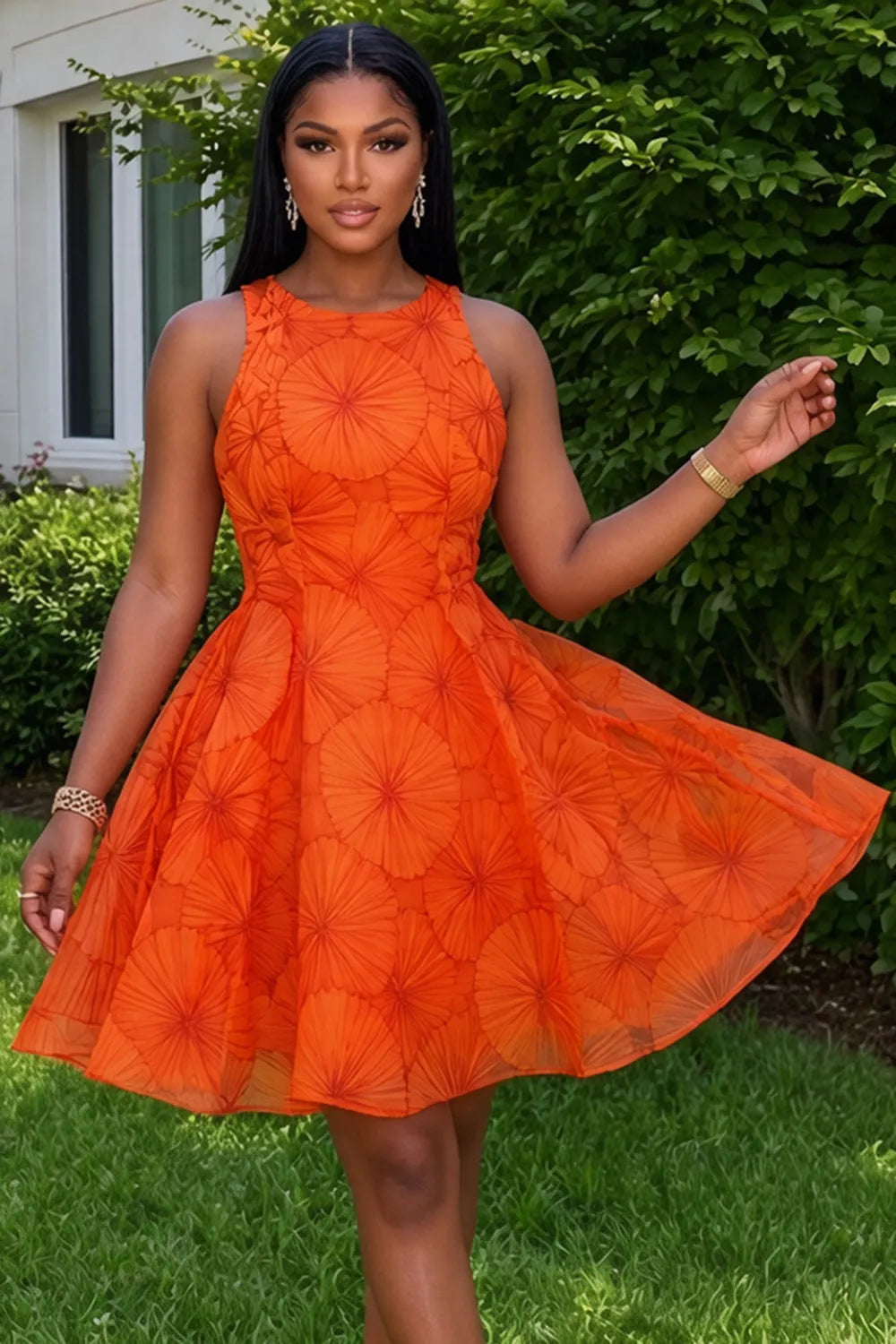 Round Neck Sleeveless Printed A-Line Vacation Mini Dresses-Orange