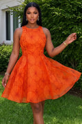 Round Neck Sleeveless Printed A-Line Vacation Mini Dresses-Orange