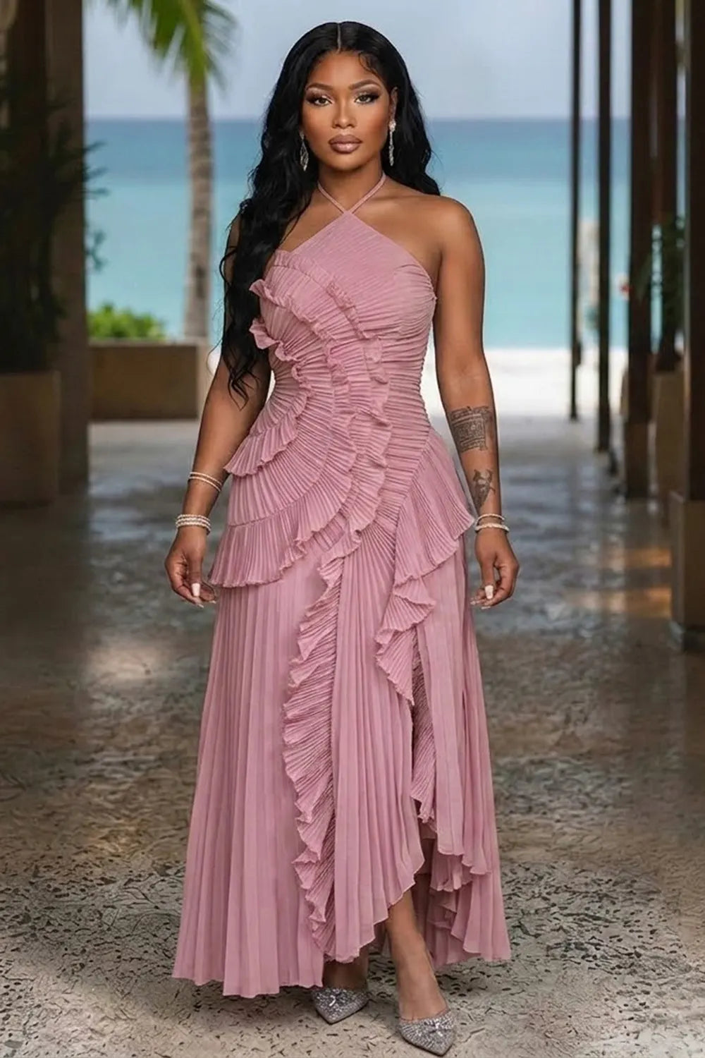 Halter Neck Pleated Irregular Hem Slit Vacation Maxi Dresses-Purple
