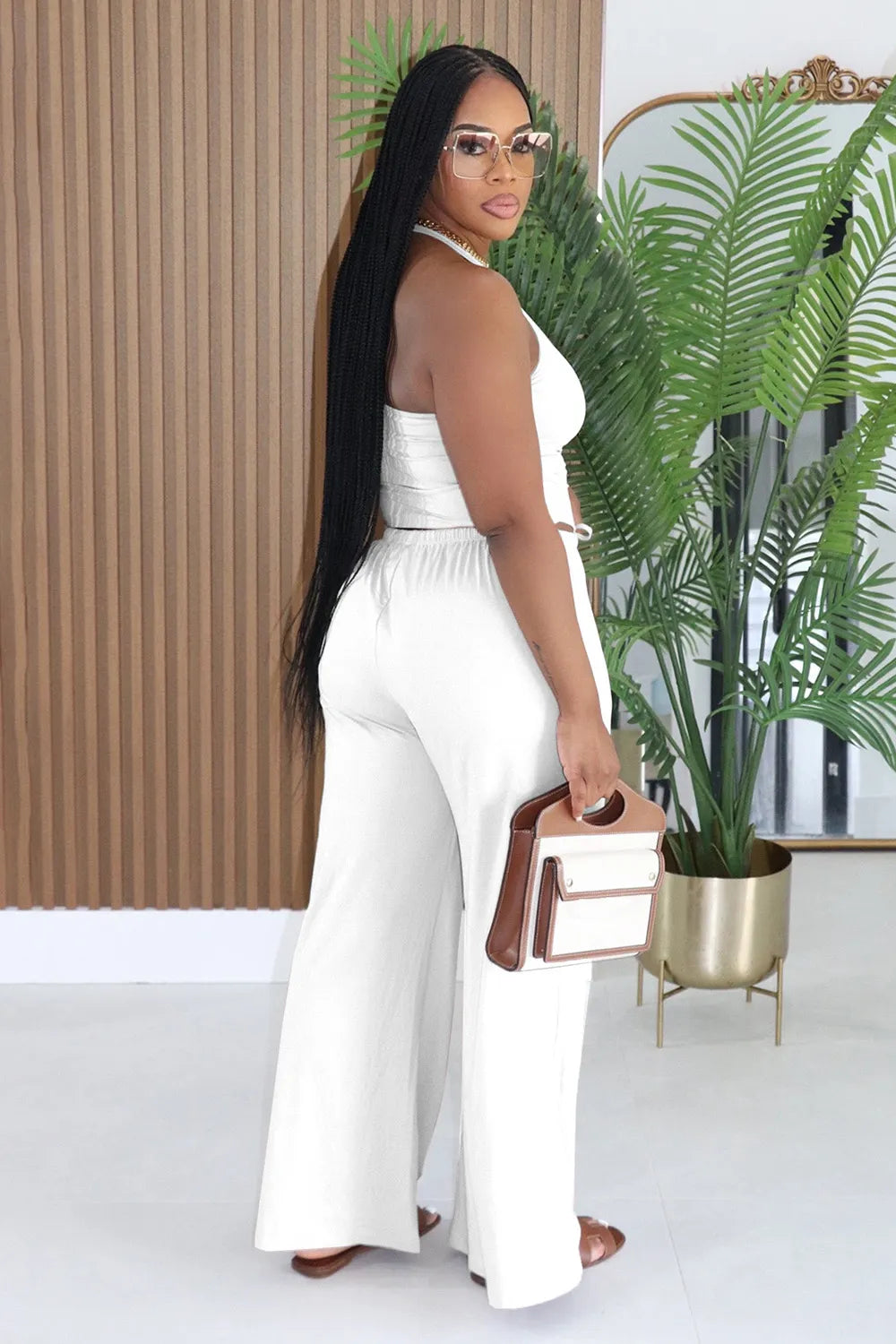 Halter Tank Top High Waist Pocket Drawstring Wide Leg Pants 2pcs Set-White