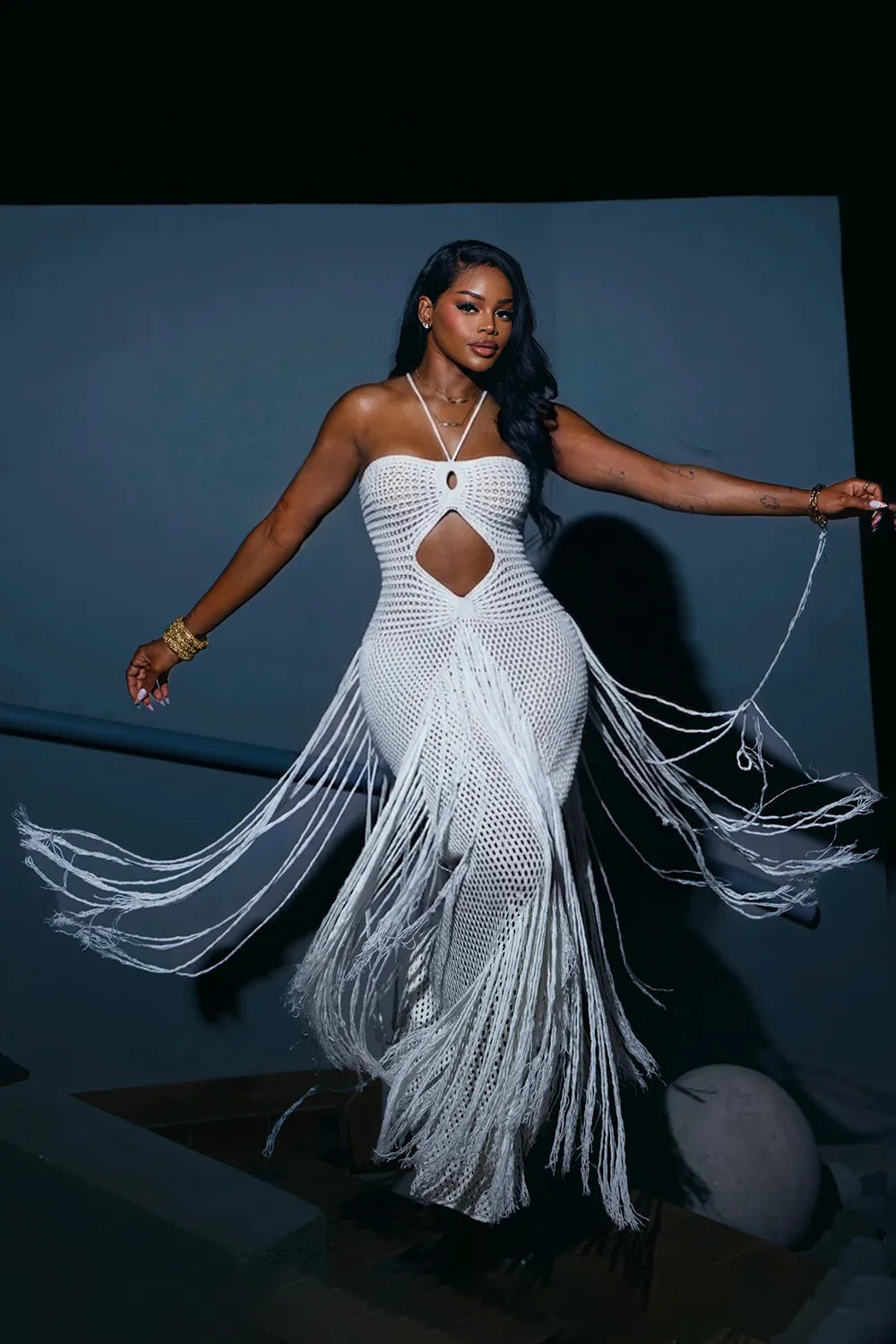 Crochet Front Cut Out Fringe Trim Vacation Maxi Dresses-White