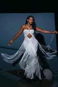 Crochet Front Cut Out Fringe Trim Vacation Maxi Dresses-White