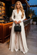 Notched Lapel Split Blazer Top Lace Wide Leg Pants 2pcs Set-White