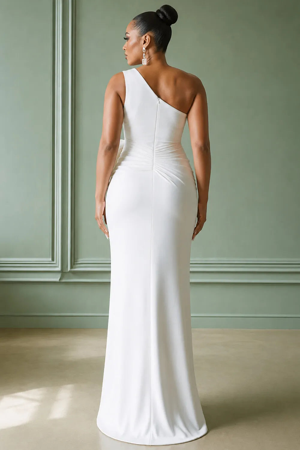 Oblique Collar Ruched 3D Floral Slit Slim Fit Maxi Dresses-White