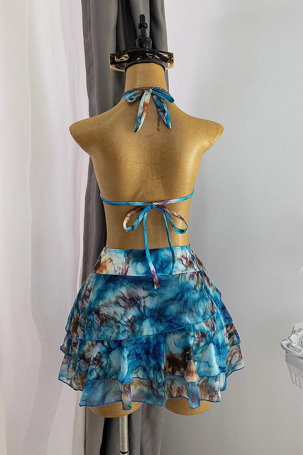 Tie Dye Halter Top Tiered Ruffle Mini Skirt Bikini Swimsuit 3pcs Set-Blue