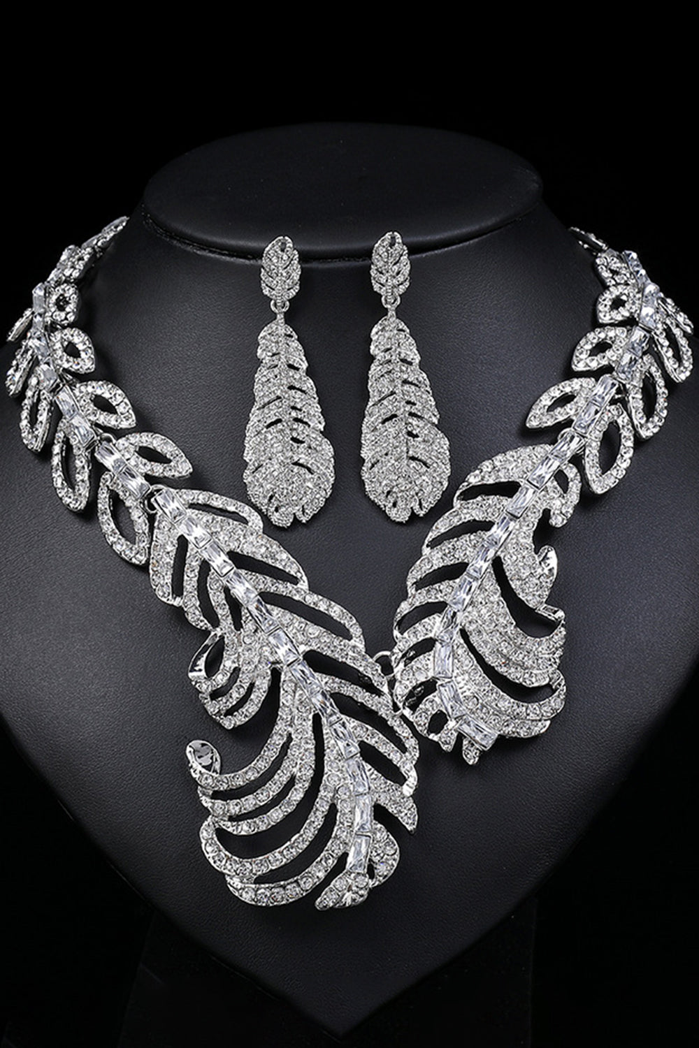 Rhinestones Asymmetric Feather Shaped Drop Earrings Necklace Jewelry Set