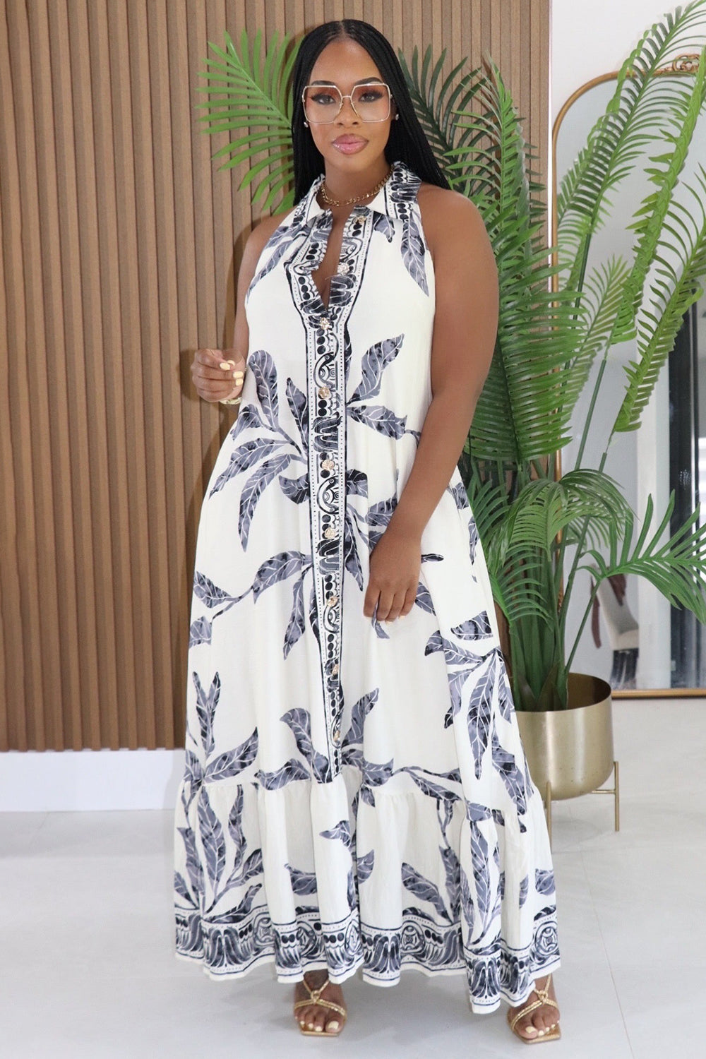 Floral V Neck Sleeveless Button Loose Fit Maxi Dresses-White