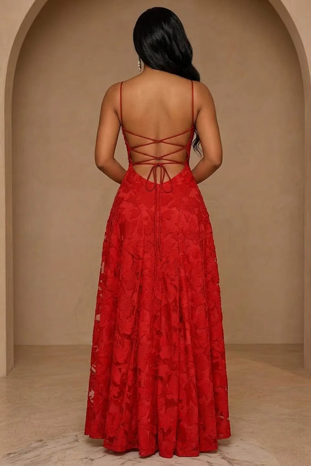 Spaghetti Strap Floral Lace Cinch Waist Backless Lace-Up Maxi Dresses-Red