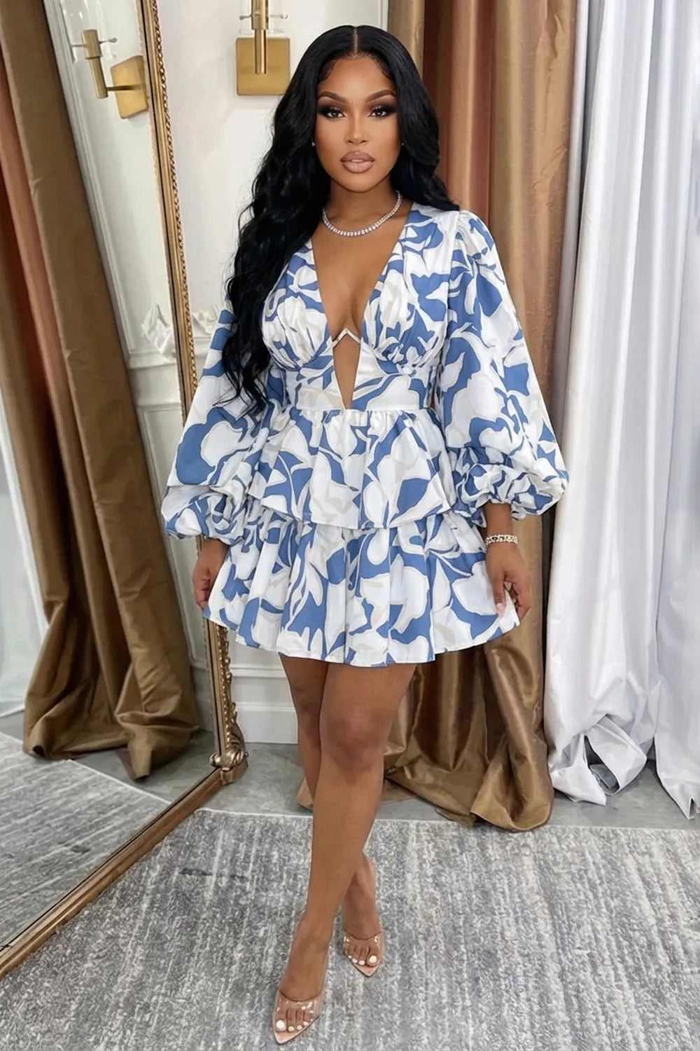 Deep V Neck Balloon Sleeve Ruffles Casual Mini Dresses-Blue