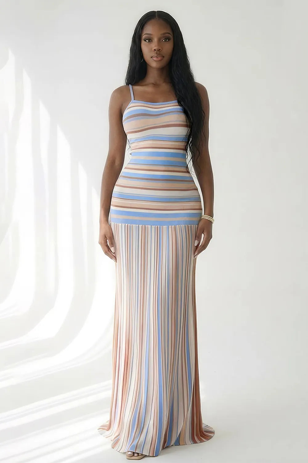 Striped Print Backless Spaghetti Strap Bodycon Vacation Maxi Dresses-Pink