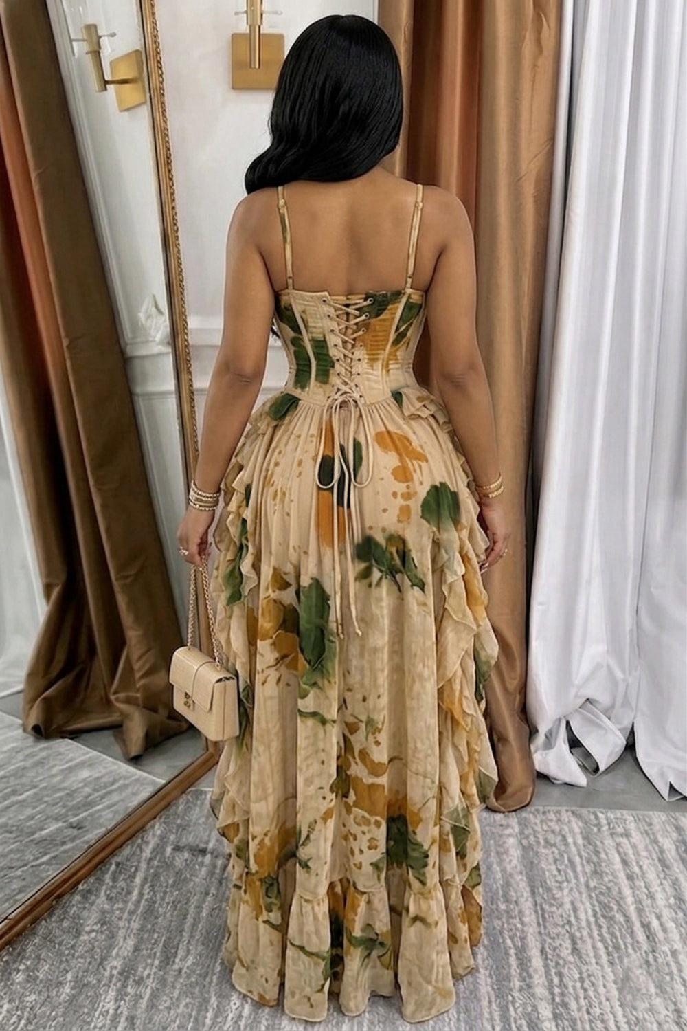 Tie Dye Tiered Ruffle High-Low Hem Vacation Maxi Dresses-Brown
