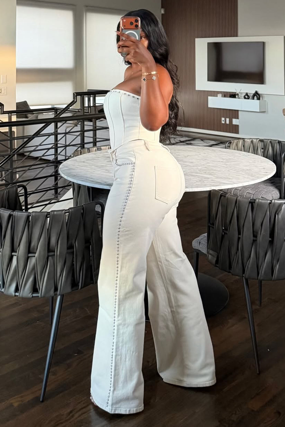 Solid Color Strapless Corset Top Slim Pants Casual 2pcs Set-White