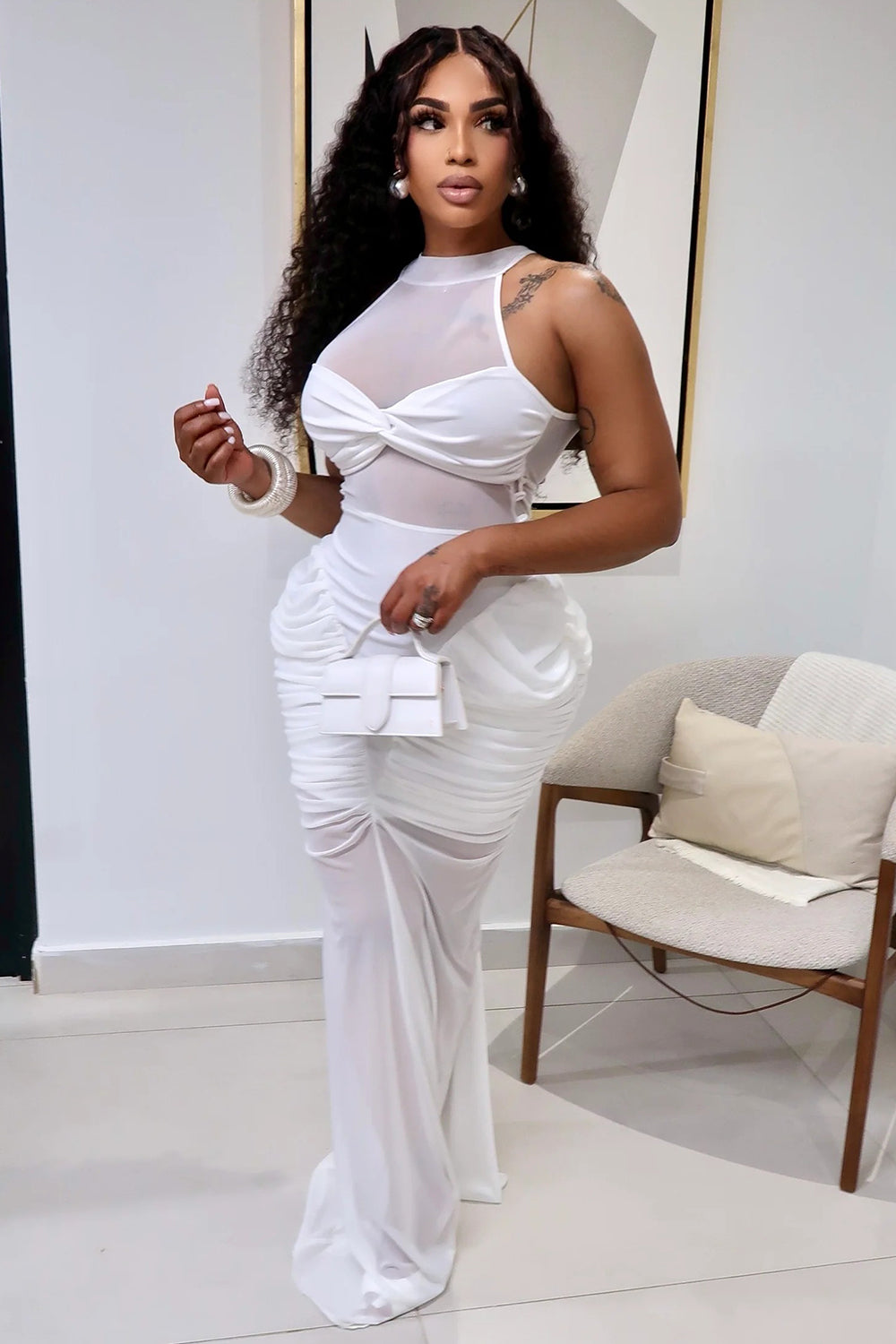 Halter Neck Semi-Sheer Patchwork Ruched Gowns Maxi Dresses-White