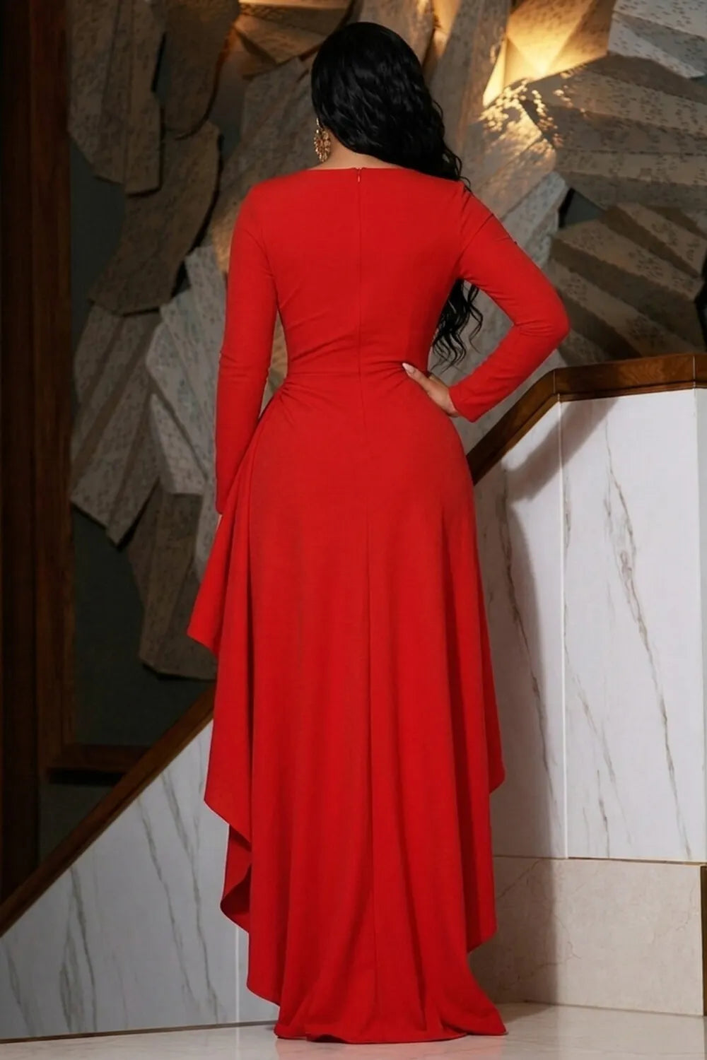Boat Neck Long Sleeve Cinch Waist Irregular Hem Maxi Dresses-Red