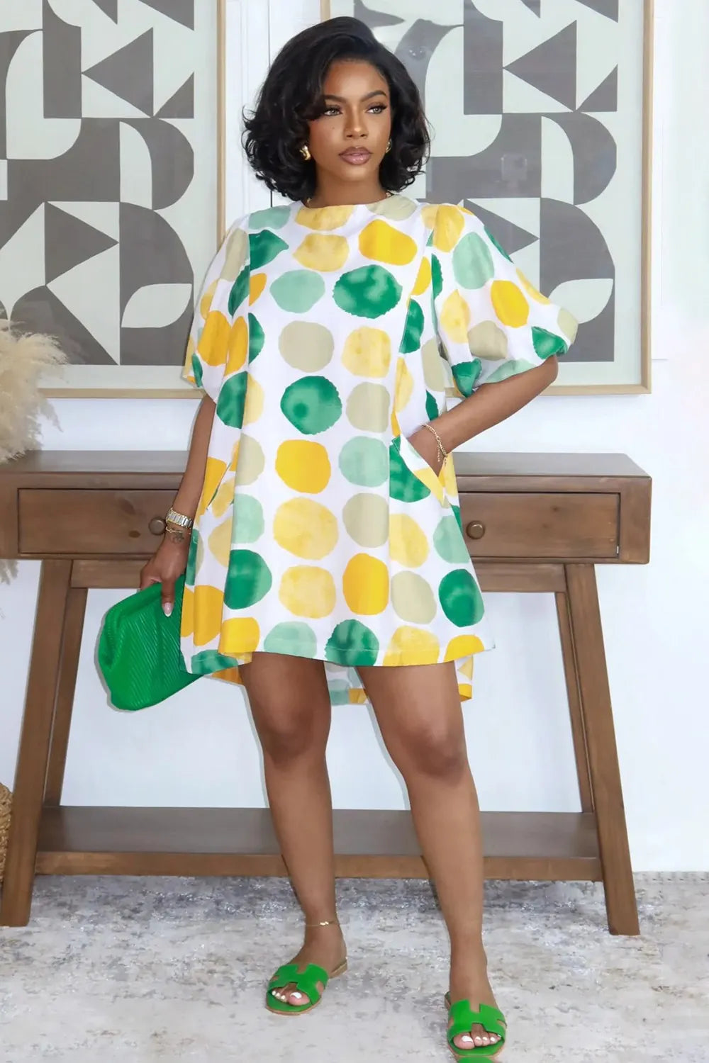 All Over Print Puff Sleeve Loose Fit Mini Dresses