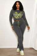 Contrast Piping Pattern Top Drawstring Slim Pants 2pcs Set-Gray