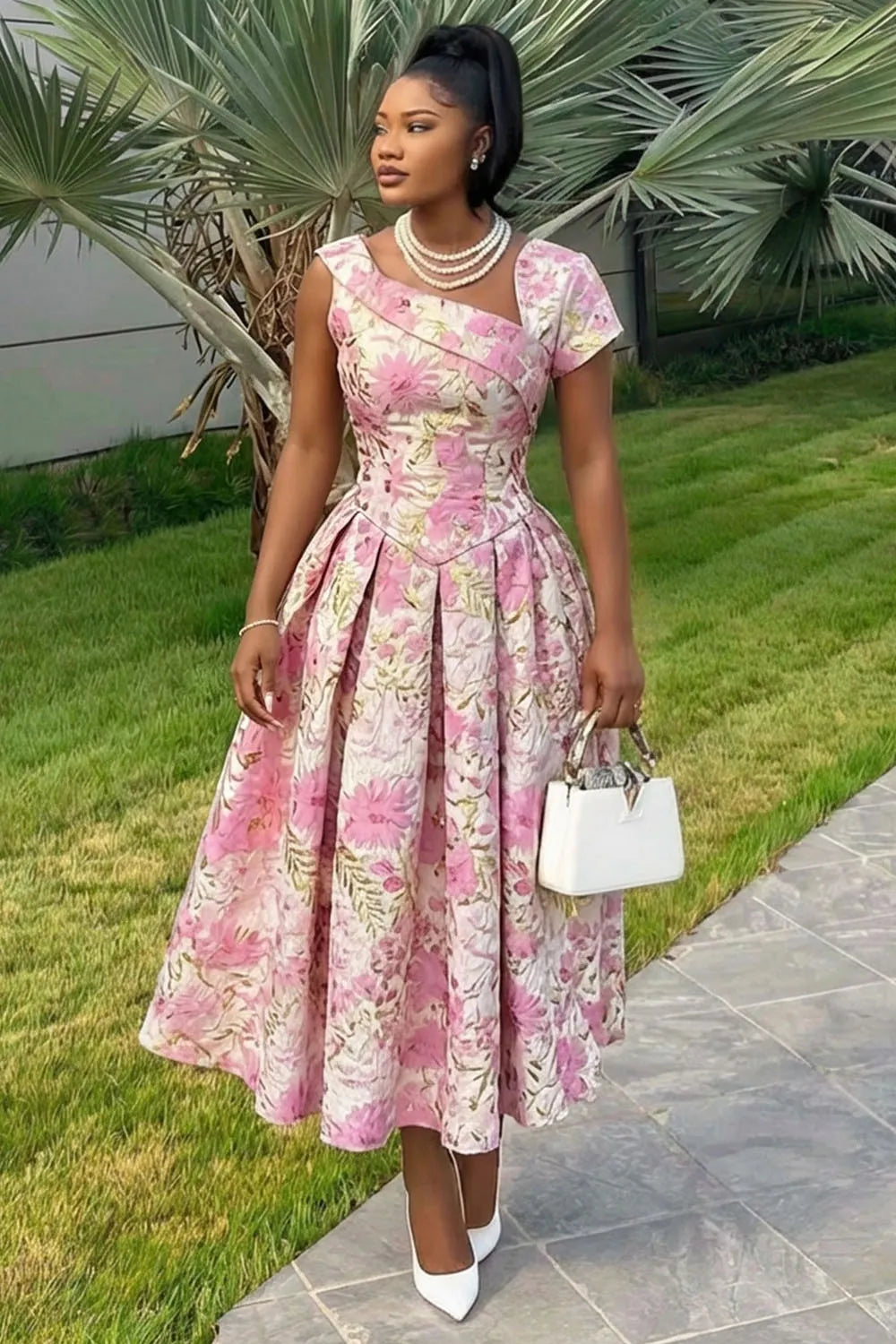 Irregular Neck Sleeveless Jacquard A-Line Party Maxi Dresses-Pink