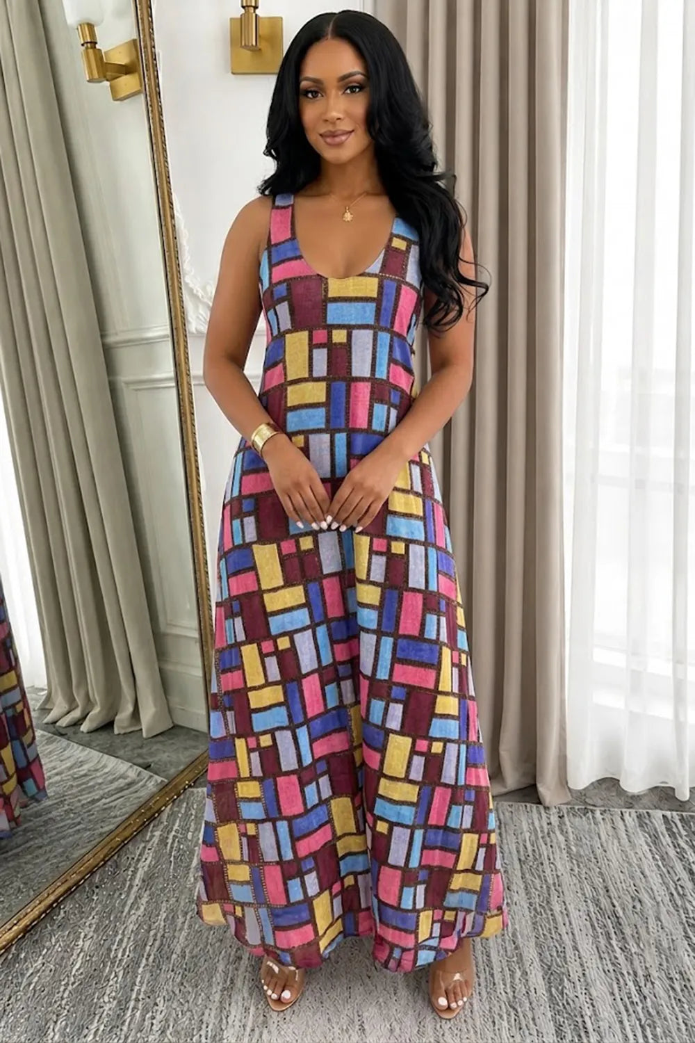 Colorblock Wide Strap Sleeveless Loose Fit Casual Maxi Dresses