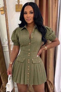 Collar Puff Sleeve A-Line Casual Mini Dresses-Green