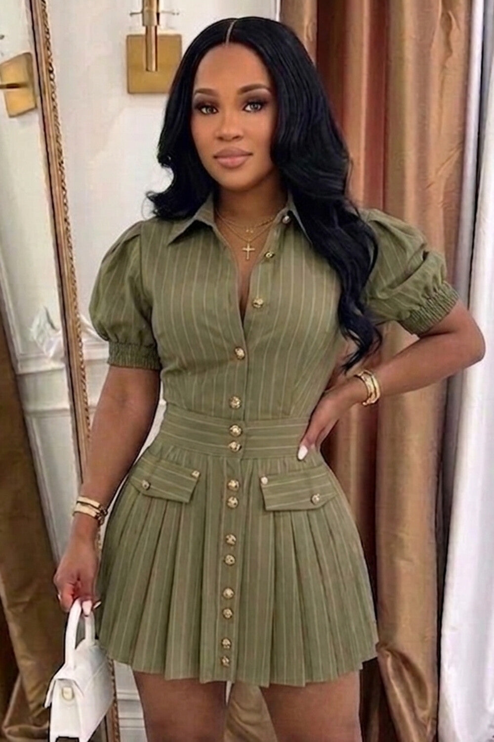Turndown Collar Puff Sleeve A-Line Casual Mini Dresses-Green