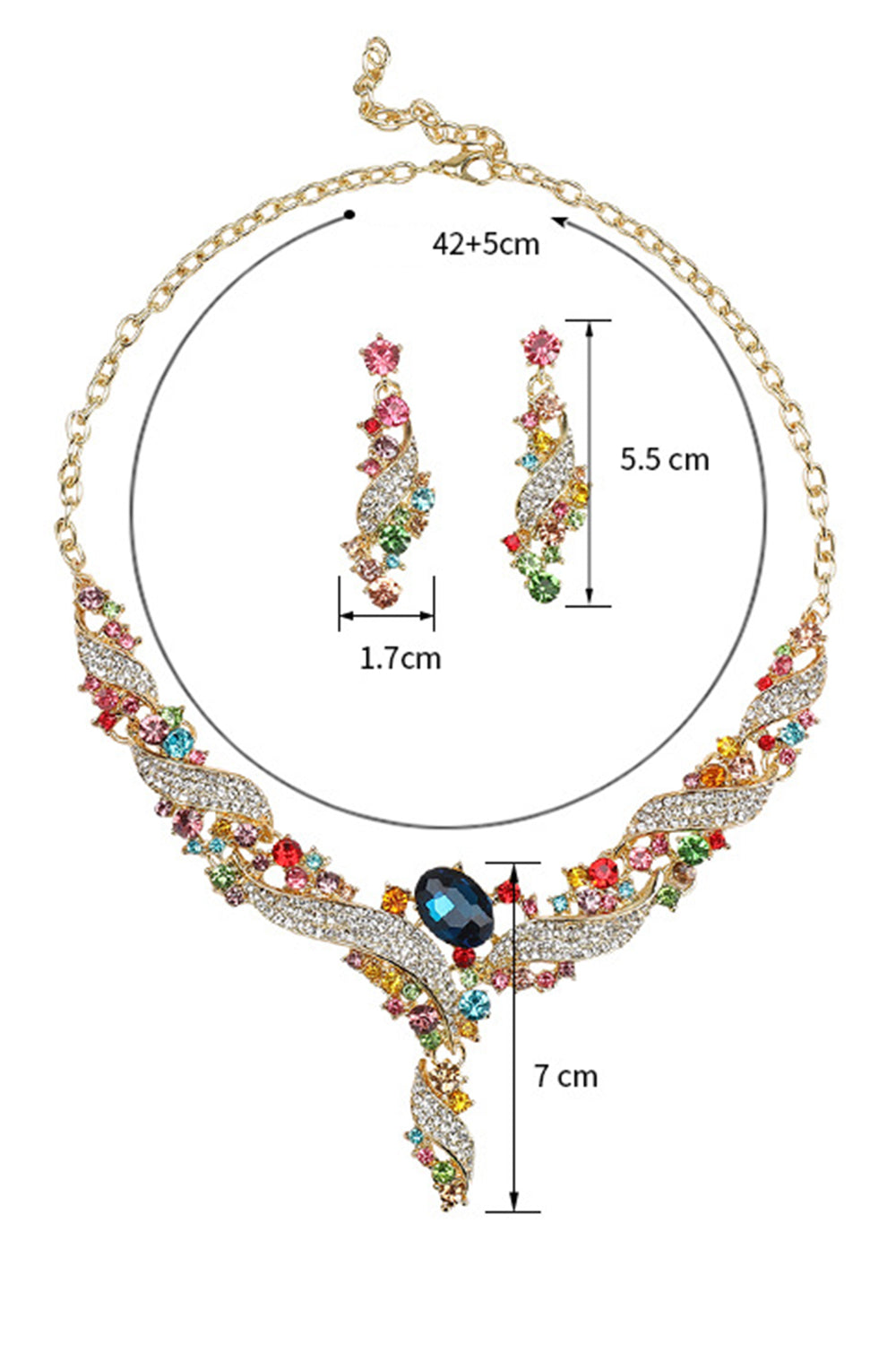 Vintage Inlaid Rhinestones Necklace Dangle Earrings Jewelry Set