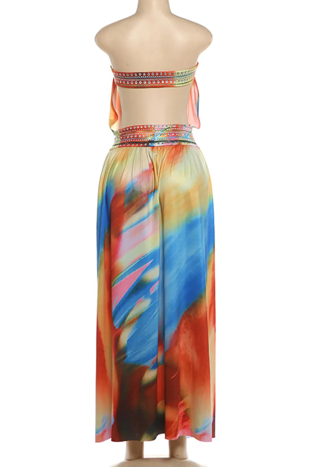 Tie Dye Print Strapless Cut Out High Slit Vacation Maxi Dresses