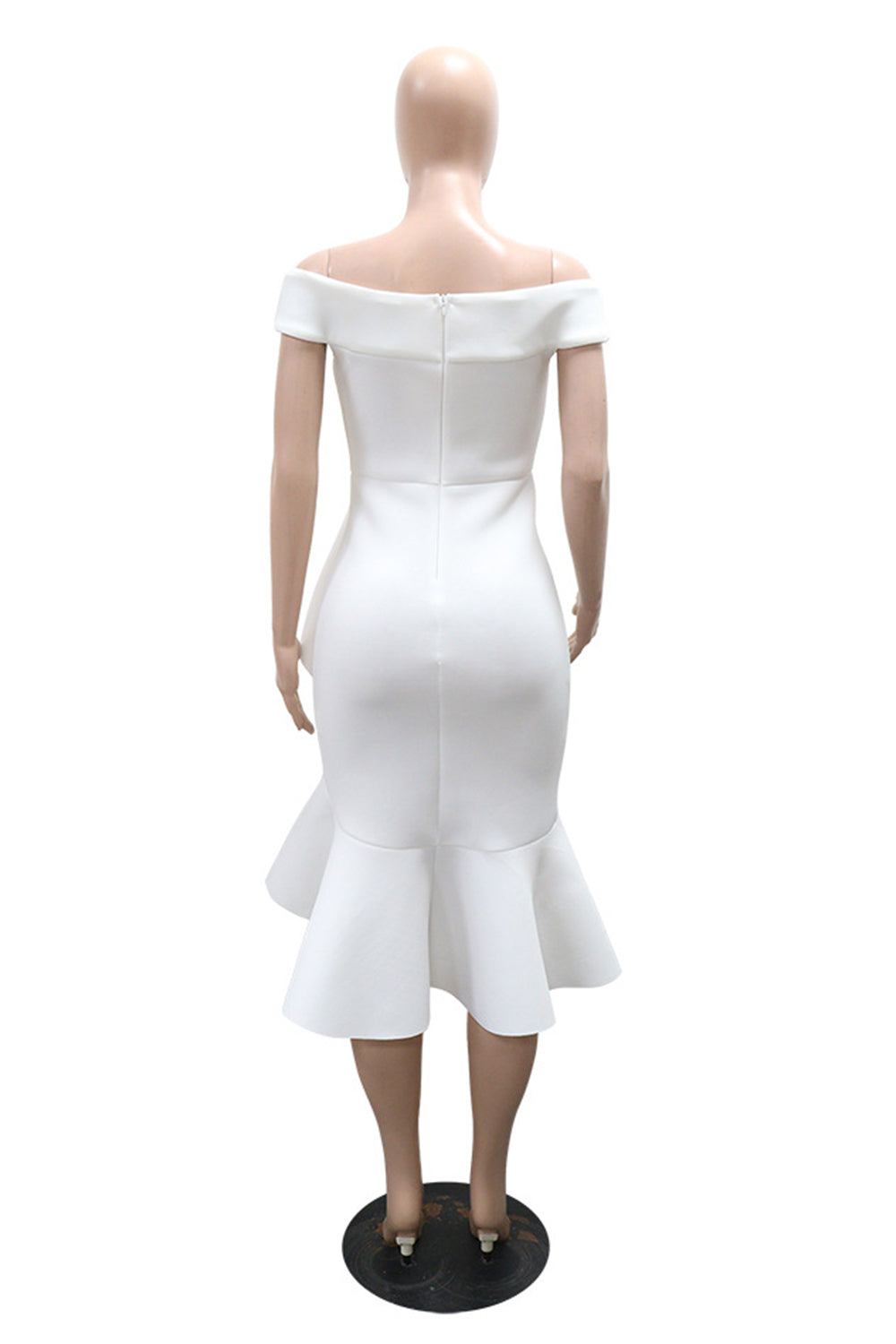 Off Shoulder Knotted Ruffle Solid Color Fishtail Gowns Midi Dresses-White