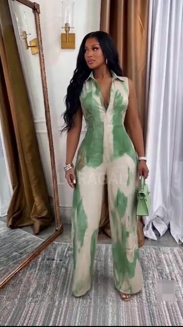 Sleeveless Abstract Print Wide Leg Linen Casual Jumpsuit-Green