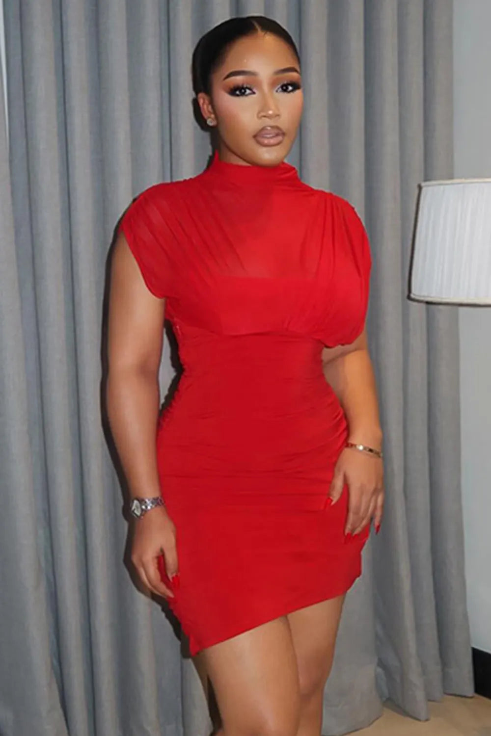Solid Color Mock Neck Ruched Cap Sleeve Bodycon Party Mini Dresses-Red