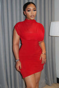 Solid Color Mock Neck Ruched Cap Sleeve Bodycon Party Mini Dresses-Red