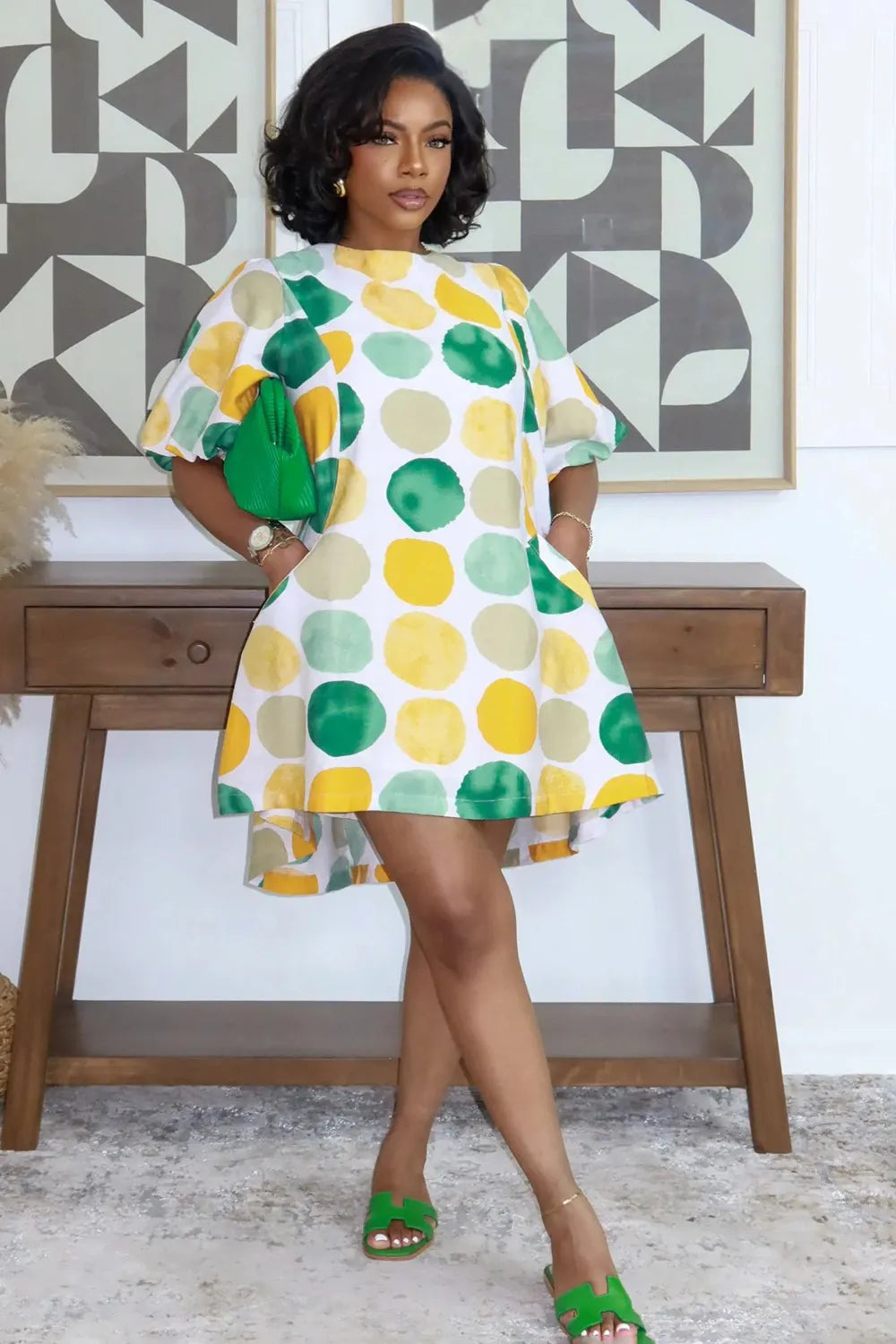 All Over Print Puff Sleeve Loose Fit Mini Dresses