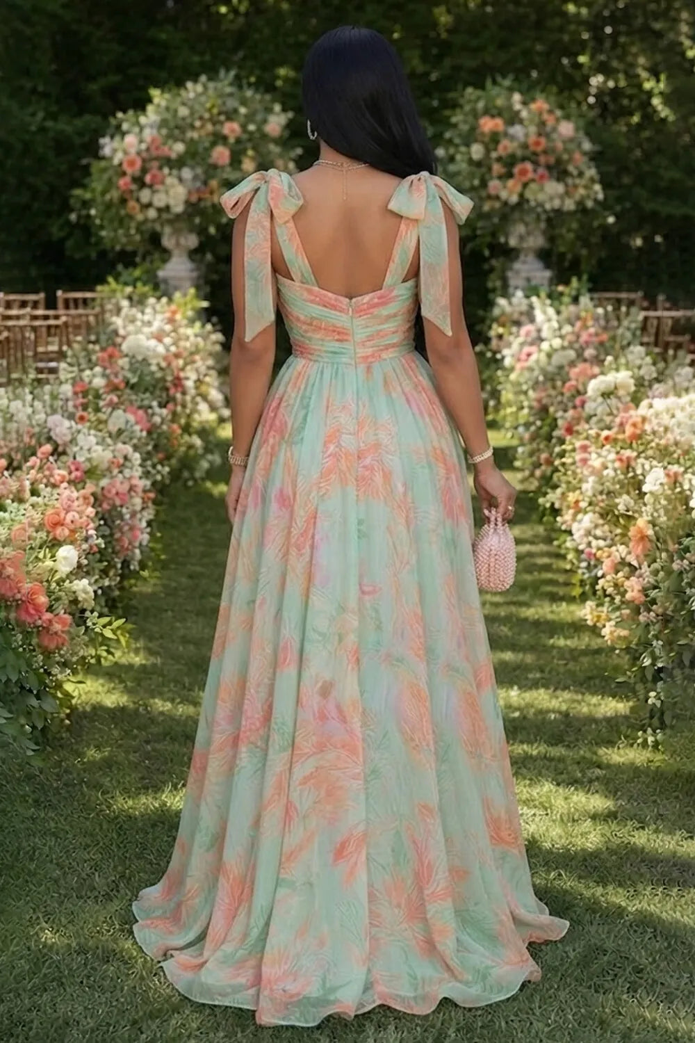 Bowknot Strap V Neck Floral Print Cinch Waist Maxi Dresses-Green