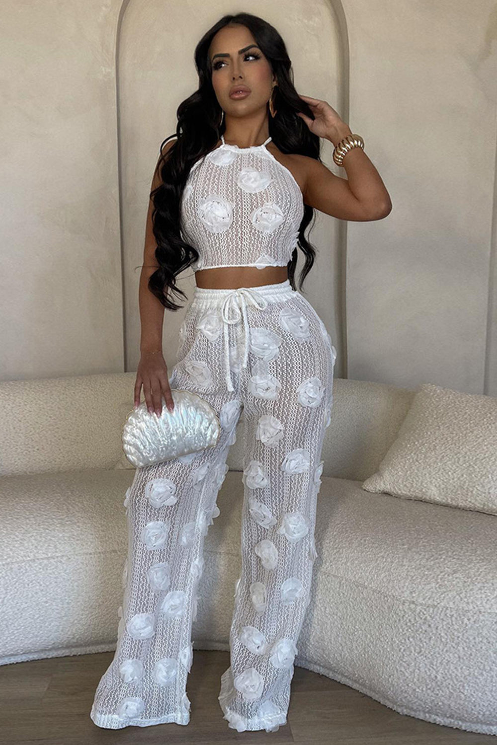 3D Flower Halter Backless Crop Top Wide Leg Pants Knit Casual 2pcs Set-White