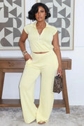 Polo Neck Cap Sleeve Crop Top Wide Leg Pants 2pcs Set-Yellow