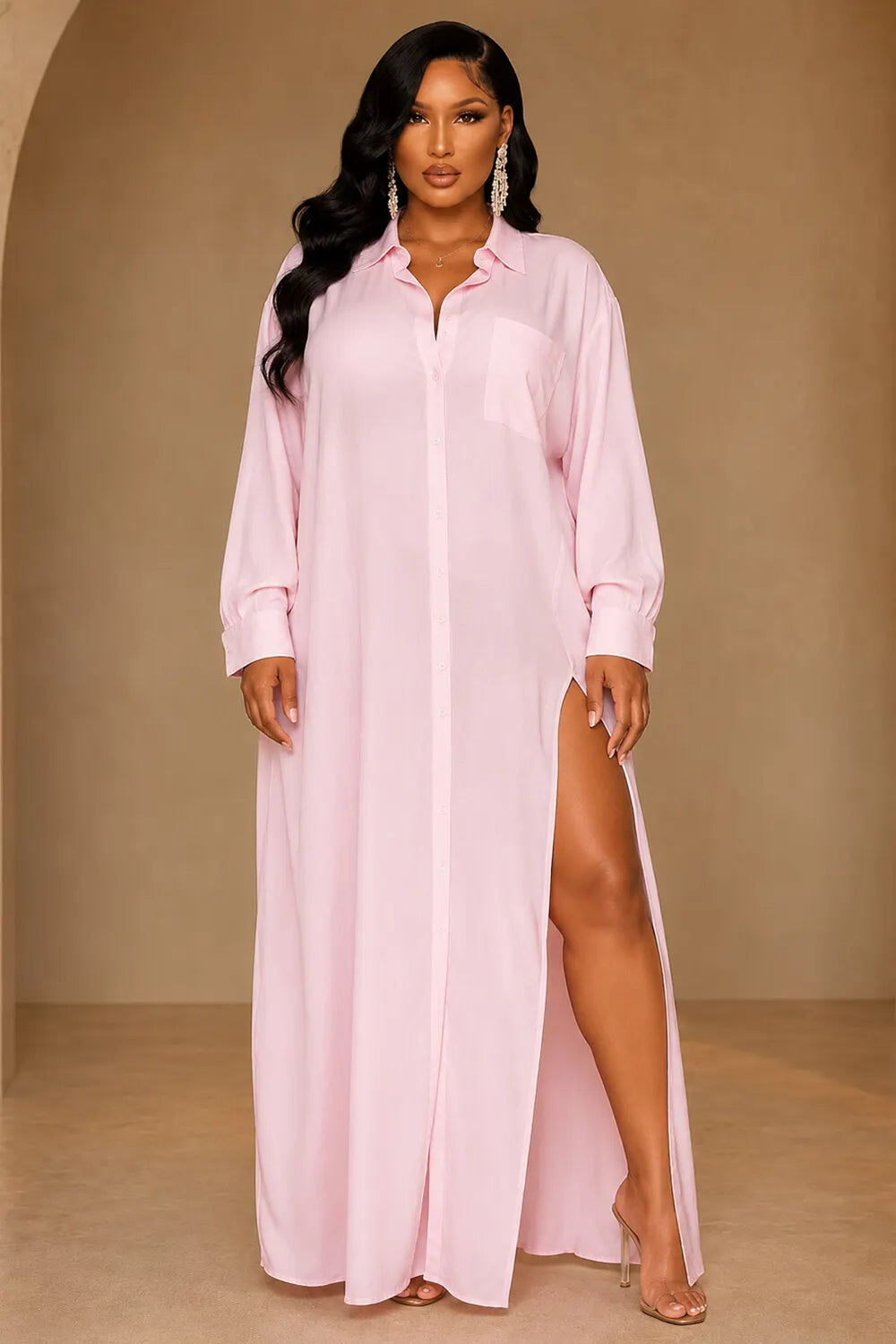 Turndown Collar Single Breasted Split Hem Loose Fit Maxi Shirt Dresses-Blue