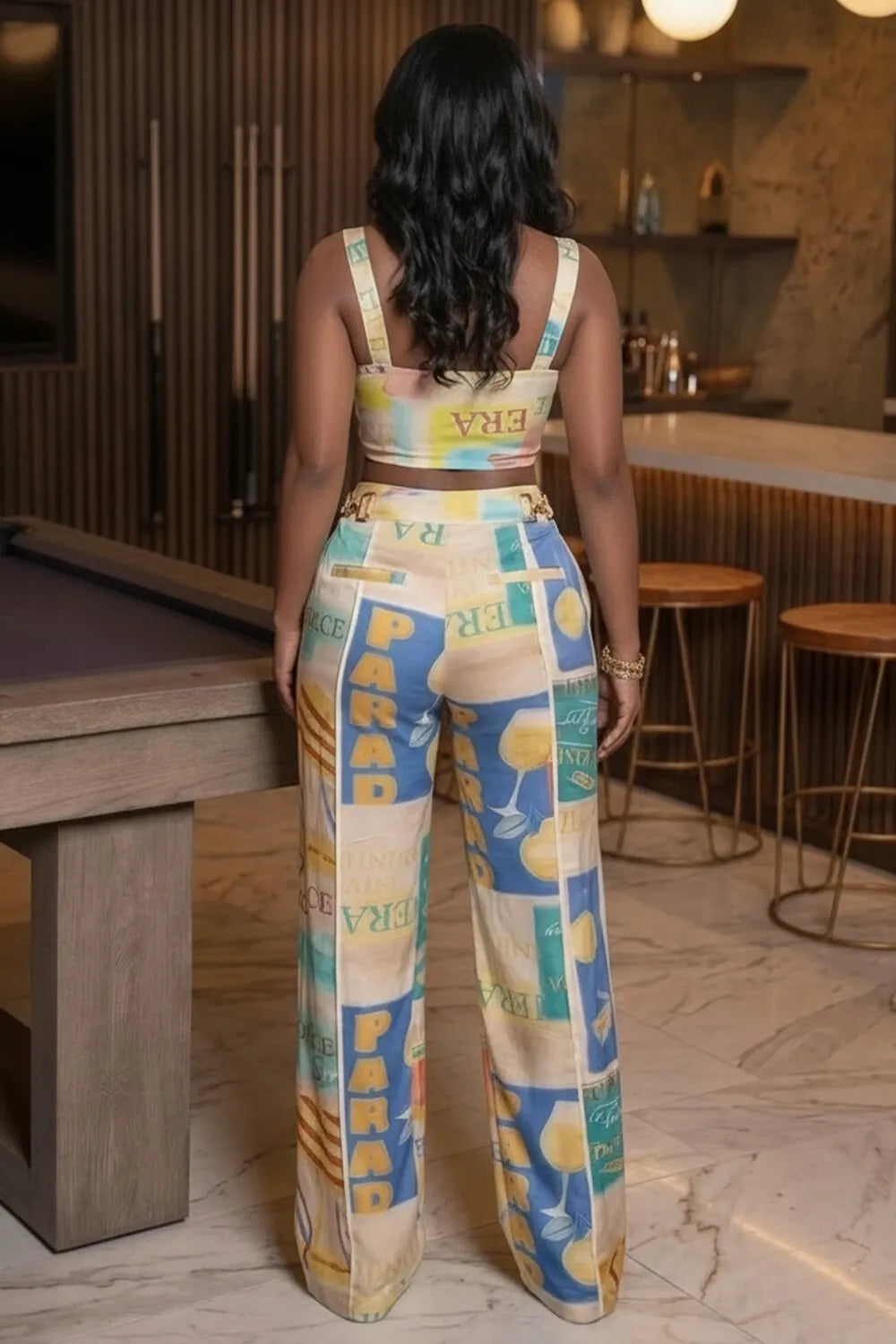 All Over Print Wide Strap Top Wide Leg Pants 2pcs Set-Multicolor