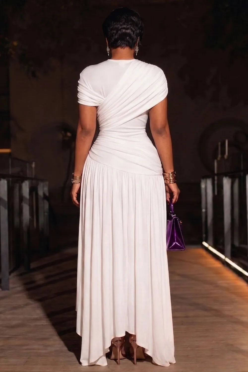Round Neck Cut Out Irregular Hem Gowns Maxi Dresses-White