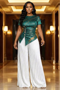 Round Neck Jacquard Top Wide Leg Pants Gowns 2pcs Set-Green