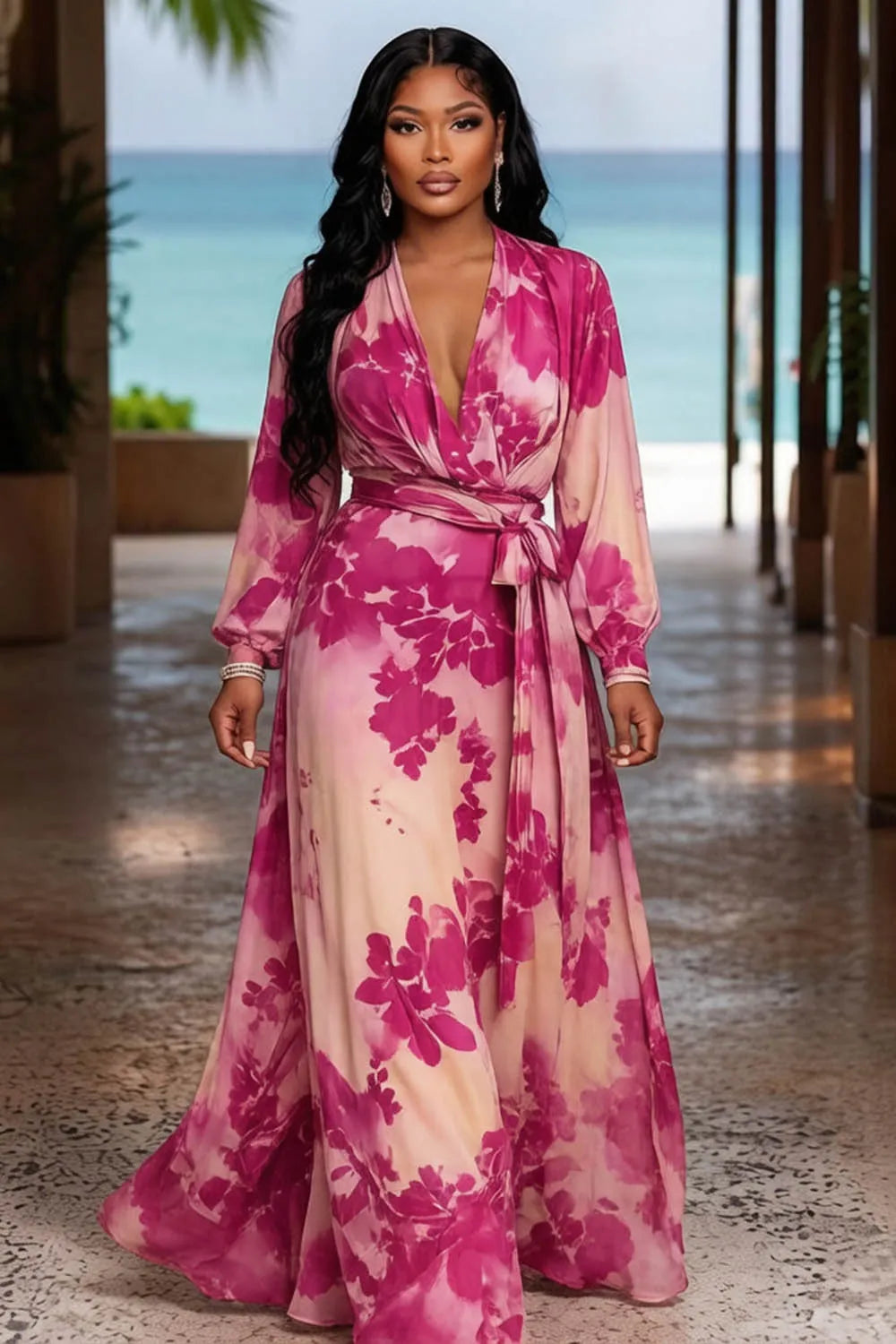 Floral Print Long Sleeve Sash Belted Wrapped Vacation Maxi Dresses-Fuchsia