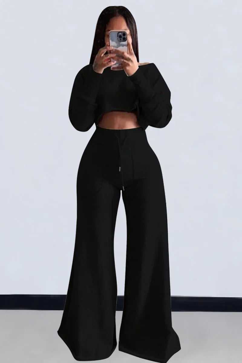 Plain Long Sleeve Crop Sweatshirt Pocket Wide Leg Pants Matching Set-Gray