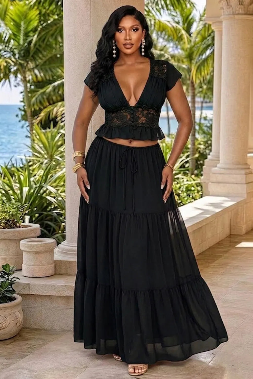 V Neck Single Breasted Lace Crop Top Drawstring Maxi Skirt 2pcs Set-Red