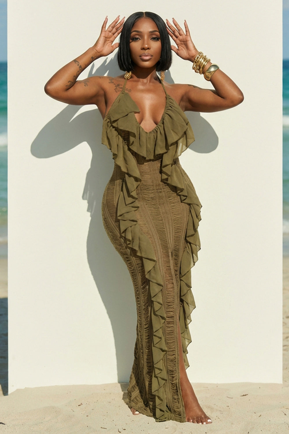 Halter Backless Ruffle Trim Slit Slim Fit Maxi Dresses-Green