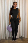 Round Neck Backless Lace-Up Bodysuit Skinny Pants Party 2pcs Set-Black