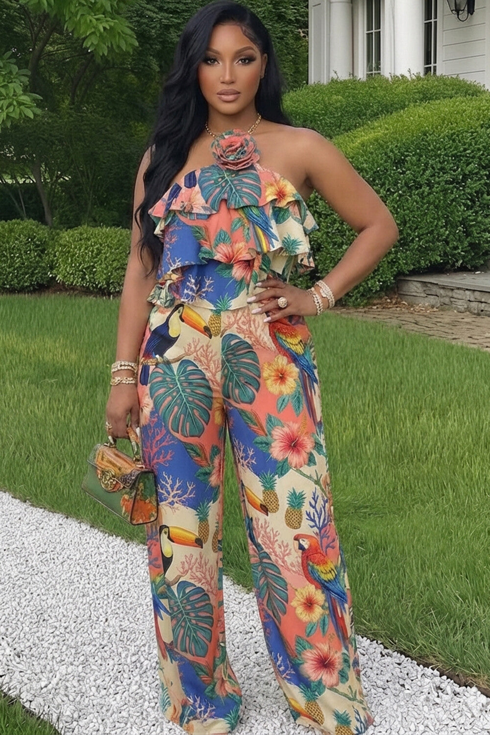 Floral Halter Ruffle Top Wide Leg Pants 2pcs Set
